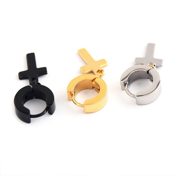 Black Stainless Steel Cross Drop Earrings - Picture 7 of 10